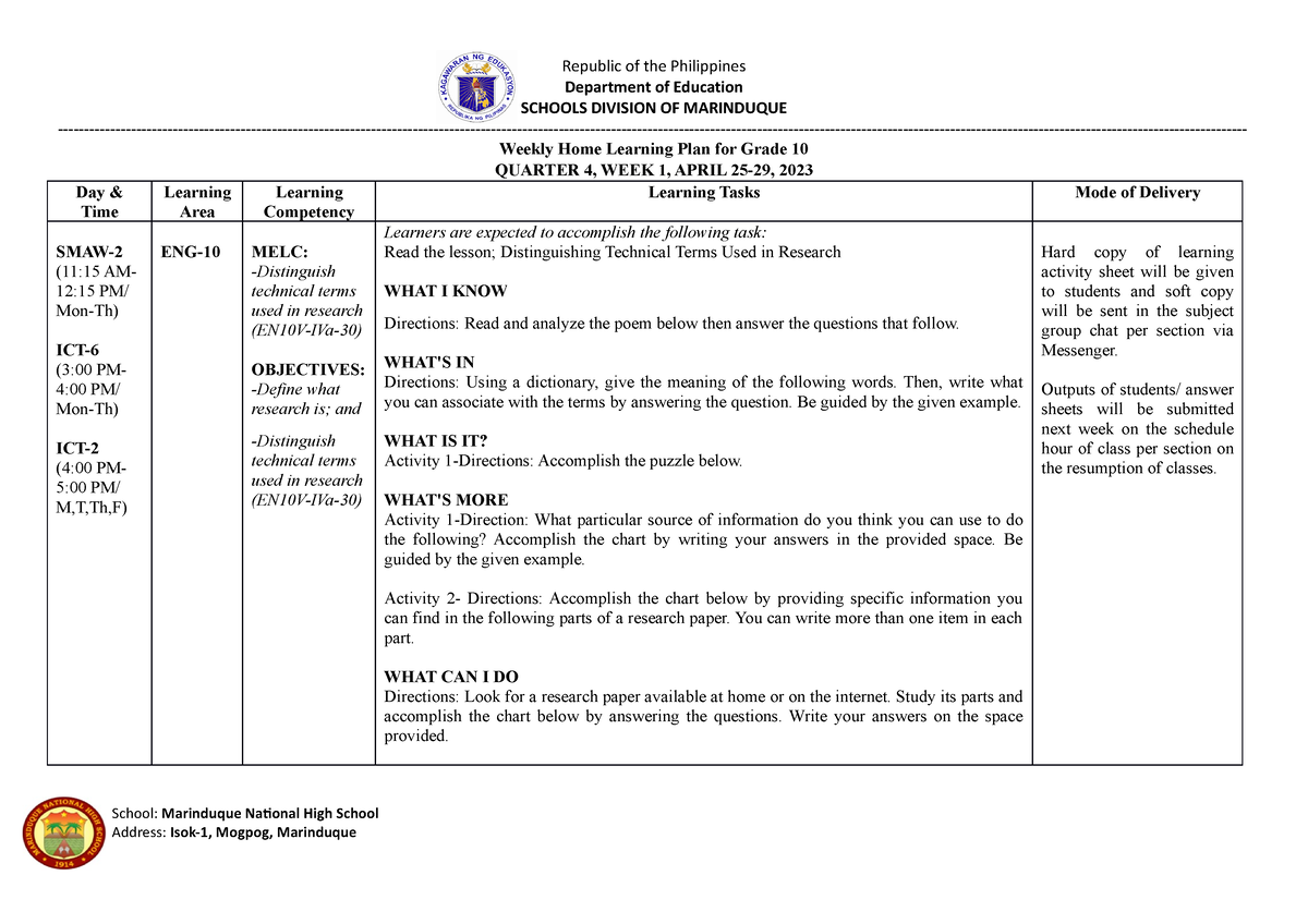 ENG 9-10 WHLP Q4 W1 - Weekly Home Learning Plan - Department of ...