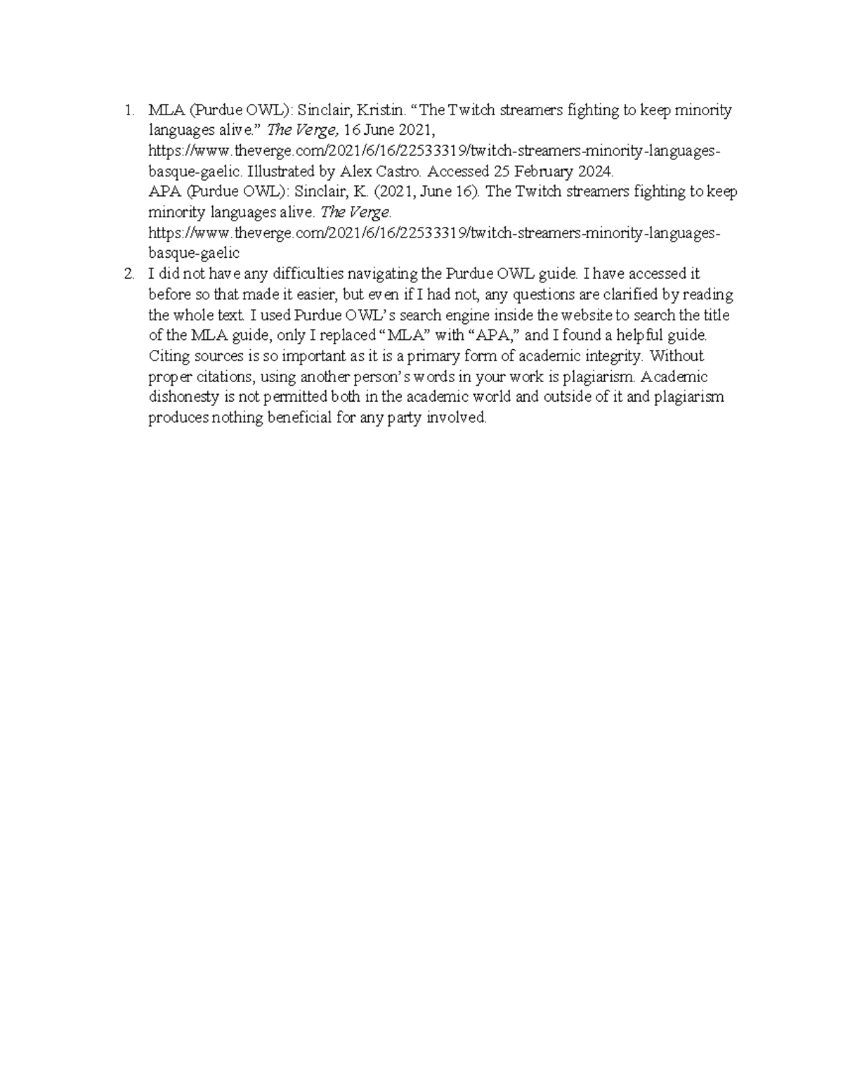 Citing Sources Activity and Reflection - MLA (Purdue OWL): Sinclair ...