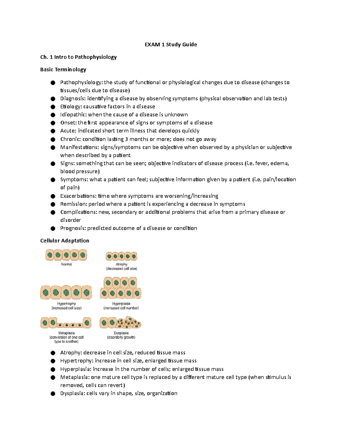 Patho Study Guide Exam 1 - EXAM 1 Study Guide Ch. 1 Intro To ...