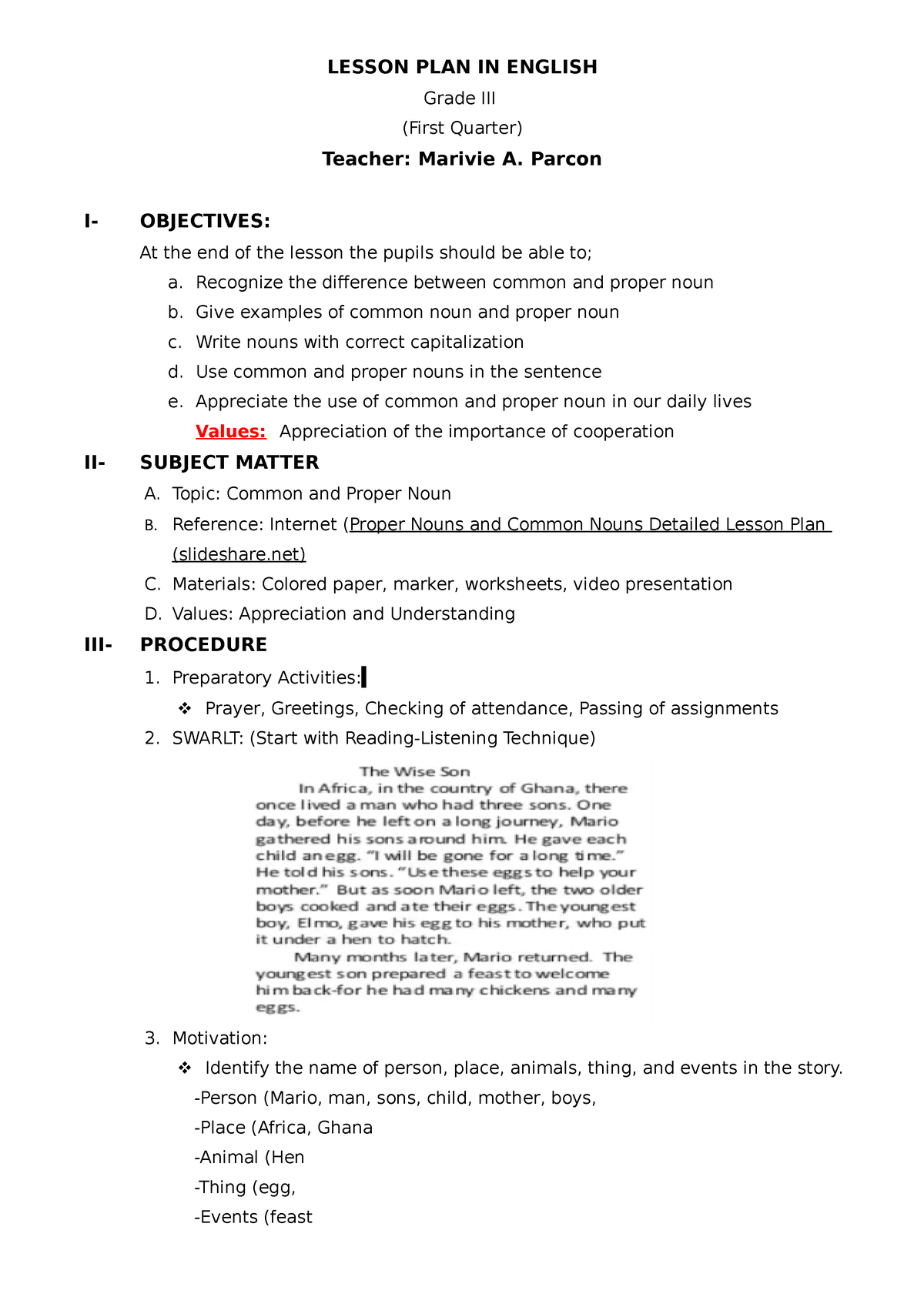 COT English III 2nd Quarter 1 - LESSON PLAN IN ENGLISH Grade III (First ...