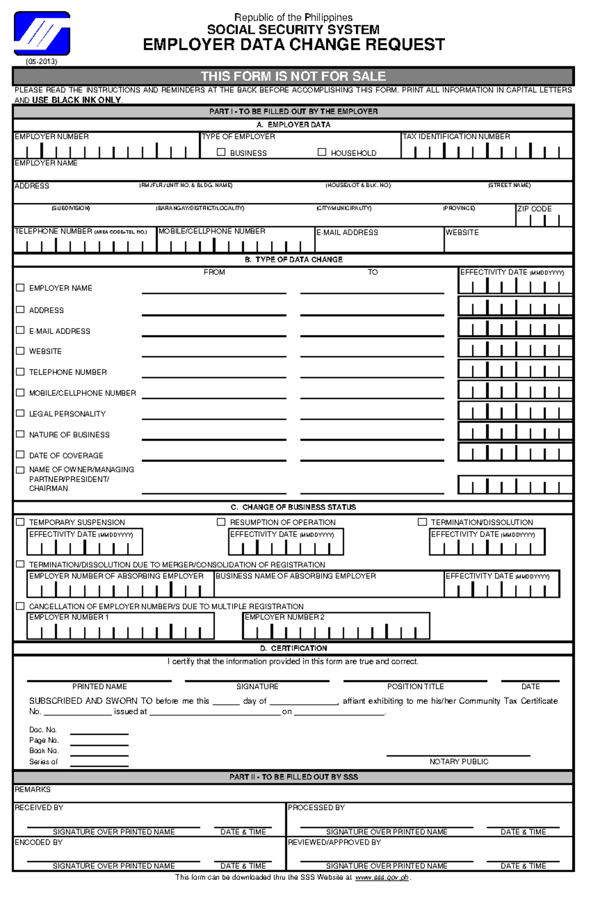 SSSForms ER Change Request - EMPLOYER NUMBER TYPE OF EMPLOYER TAX ...