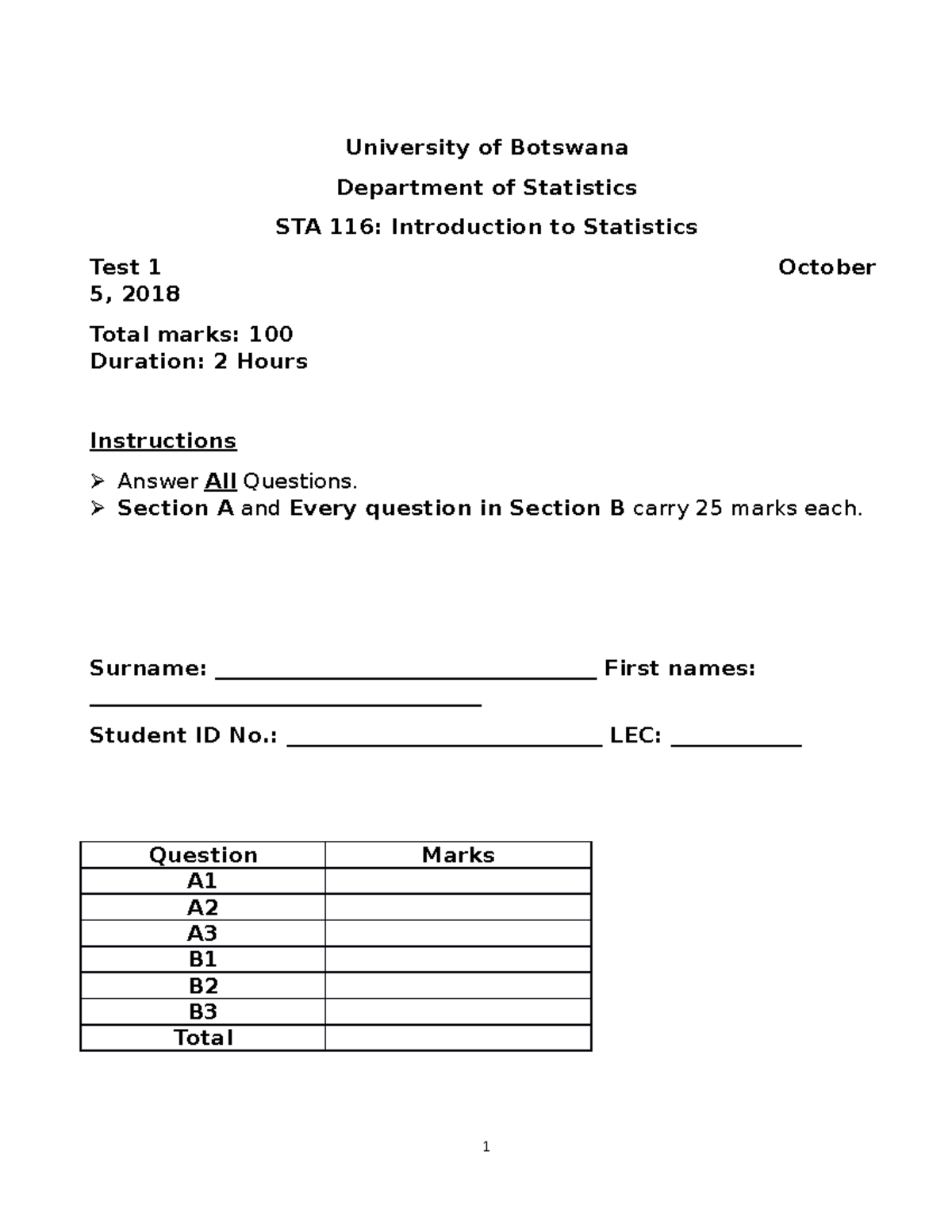 STA 116 Test 1 October 2018 Revised - University of Botswana Department ...