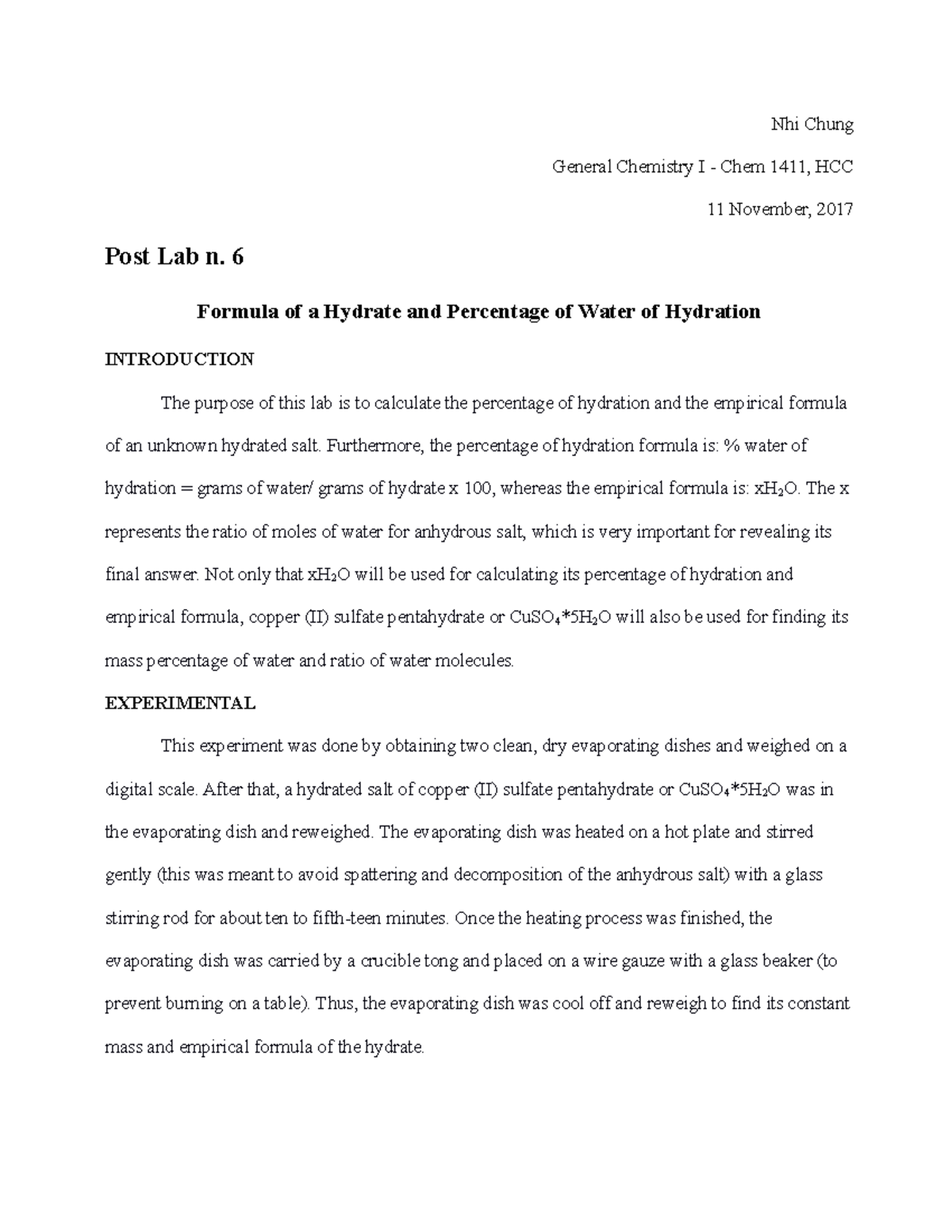 Water of hydration lab report introduction image