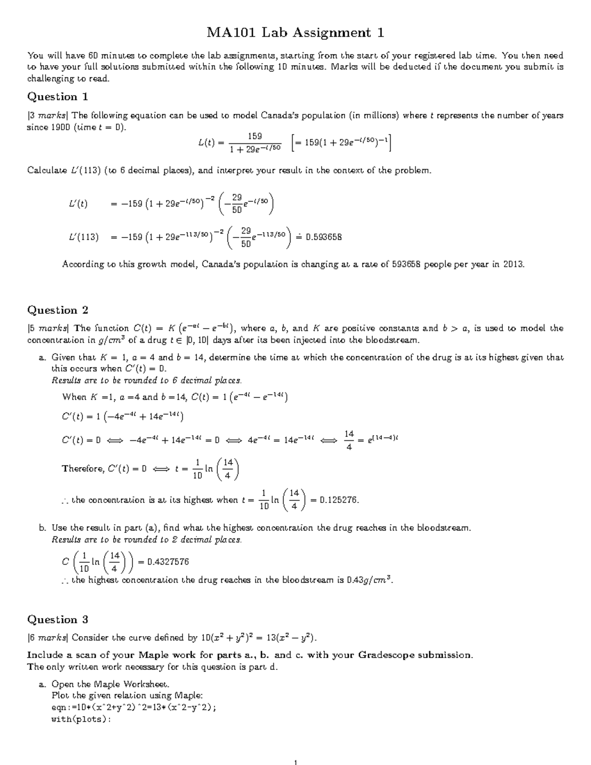 Lab 1 Solutions - MA101 Lab Assignment 1 You will have 60 minutes to ...