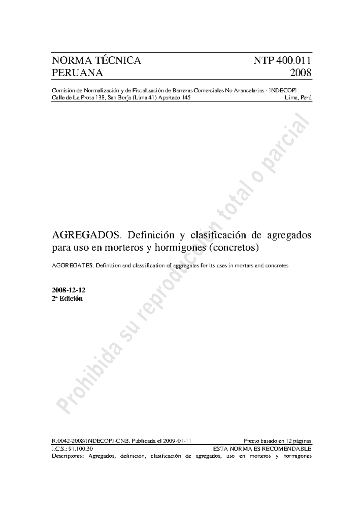 NTP 400.011 Agregados Definicion Y Clasificación - Í NORMA TÉCNICA NTP ...