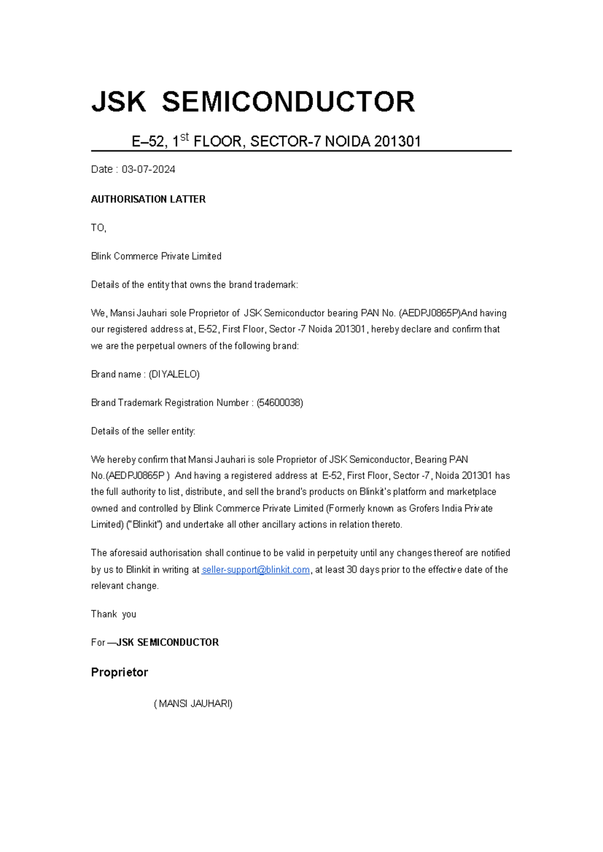 Authorisation latter - note - JSK SEMICONDUCTOR E–52, 1 st FLOOR ...