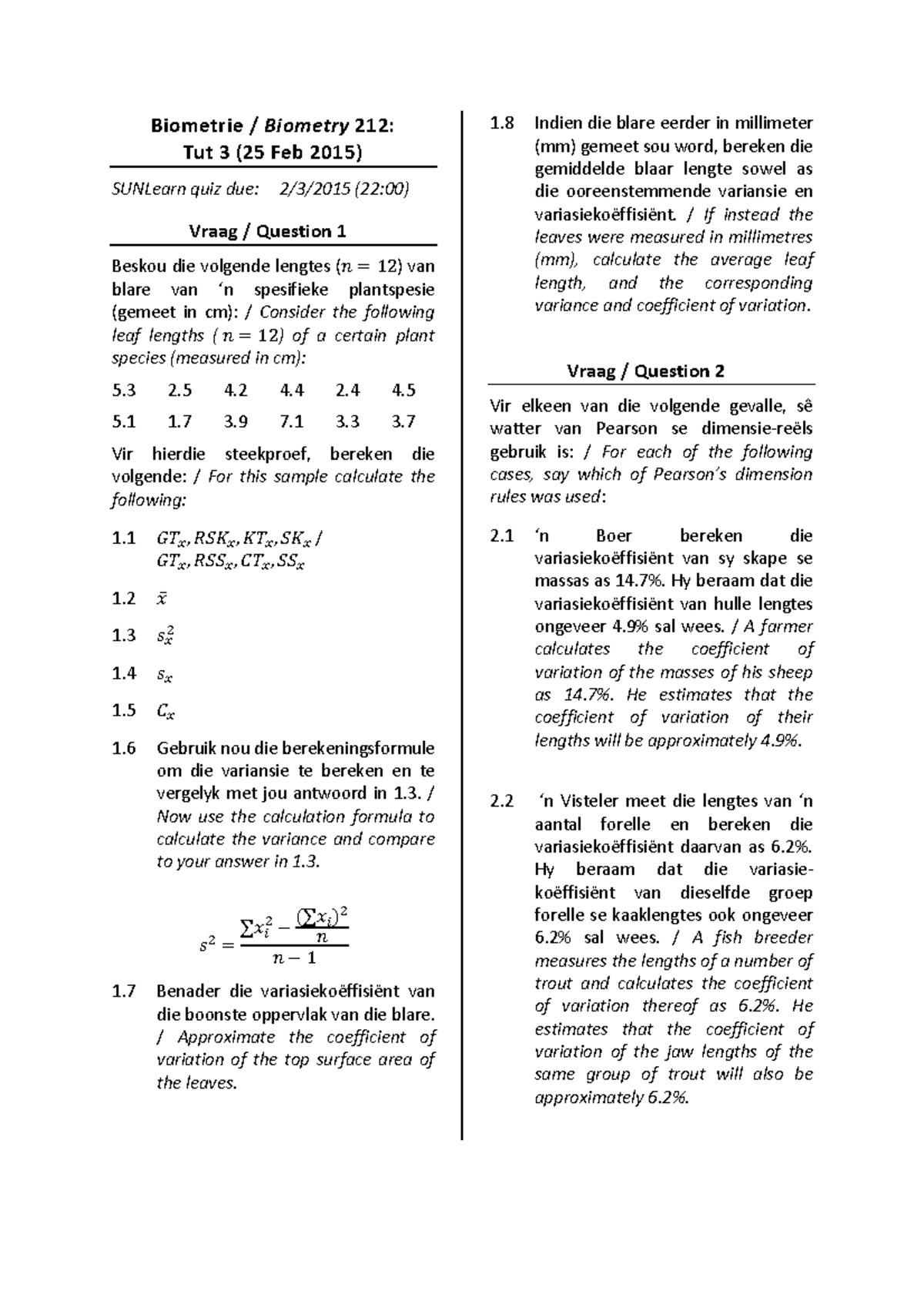 Tut 3 2015 3rd tutorial biometry 212 Biometrie / Biometry 212 Tut