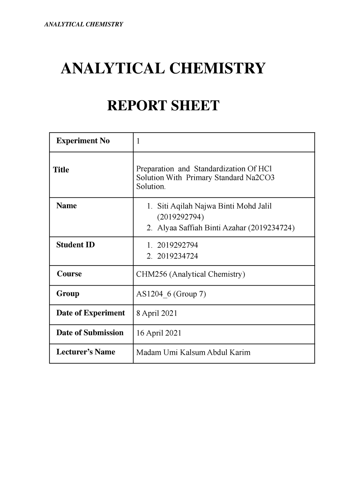 EXP 1 Report Sheet CHM256 Analytic Chemistry - ANALYTICAL CHEMISTRY ...