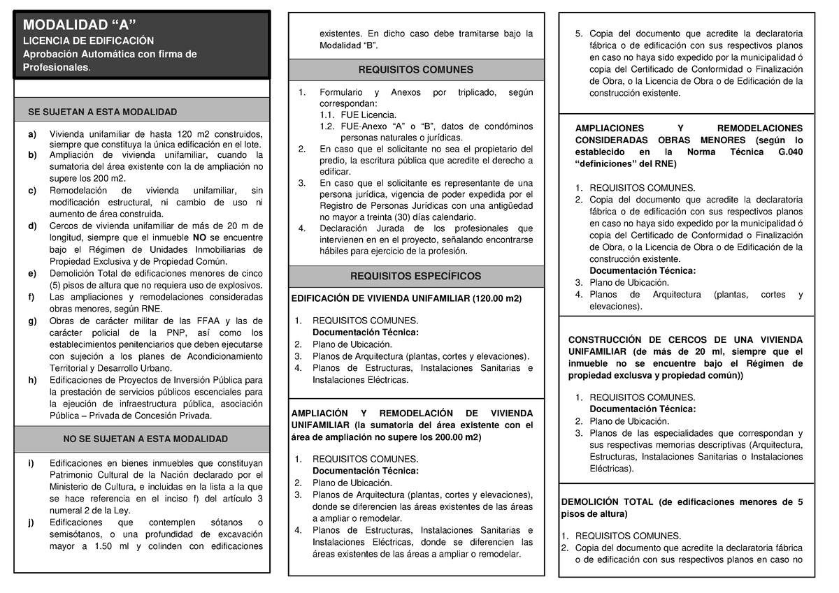 Licencia DE EdificacióN Modalidad A SE SUJETAN A ESTA MODALIDAD a Vivienda unifamiliar