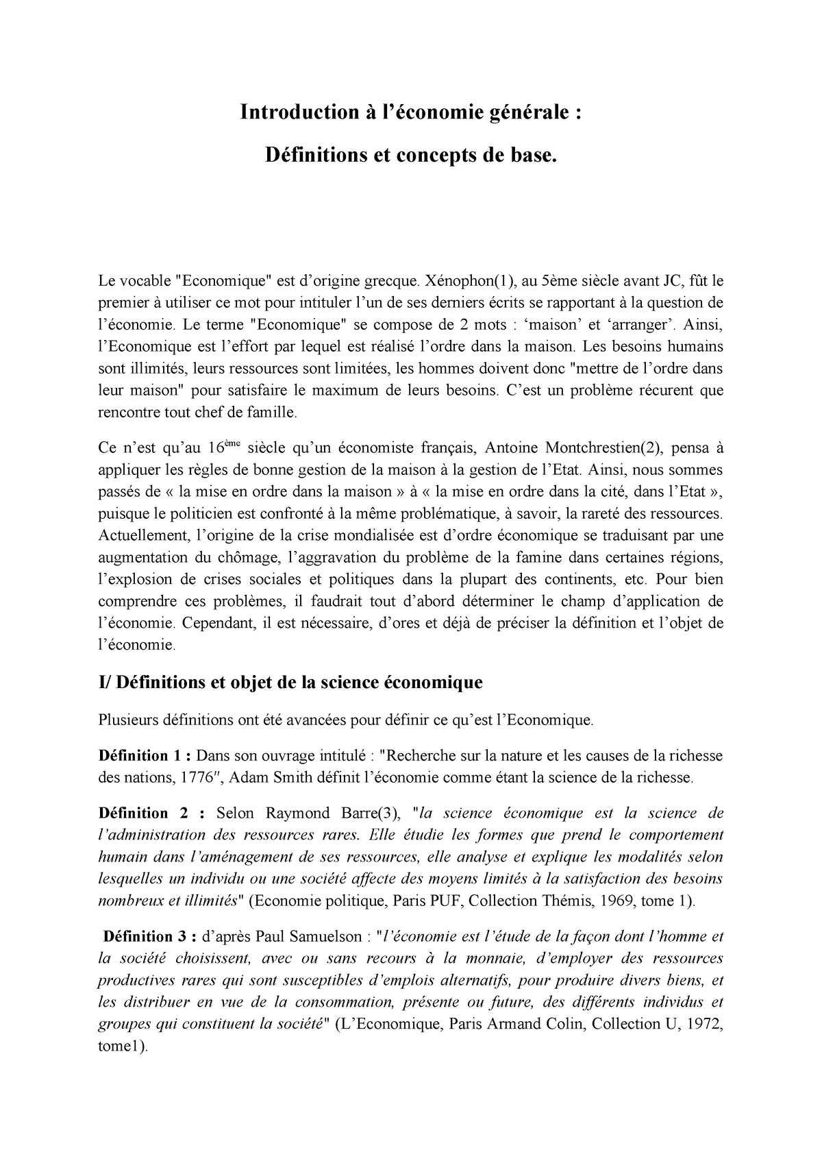 Cours 1 Intro Ã L Ã©conomie - Introduction à L’économie Générale ...