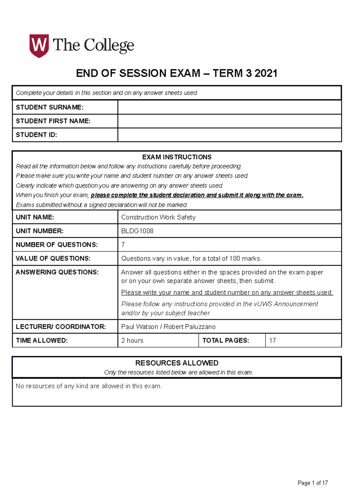 BLDG1008 Construction Work Safety 2021.3 End of Session exam v1 - END ...
