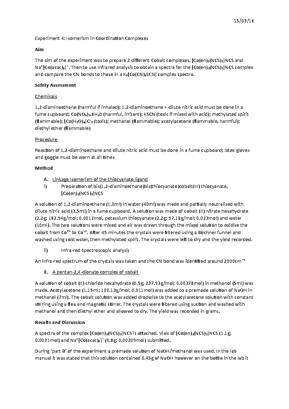 Experiment 4 - Isomerism in coordination complexes - 15/03/ Experiment ...