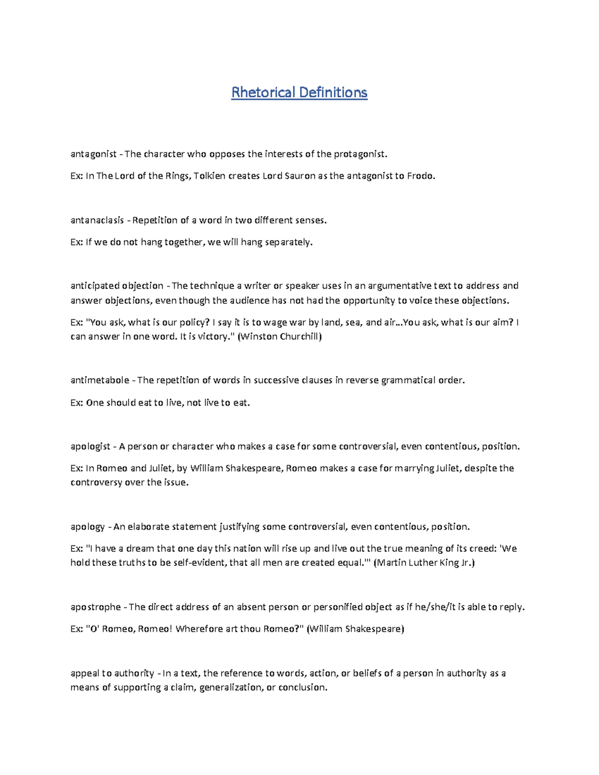 Rhetorical Definitions - Rhetorical Definitions antagonist - The ...
