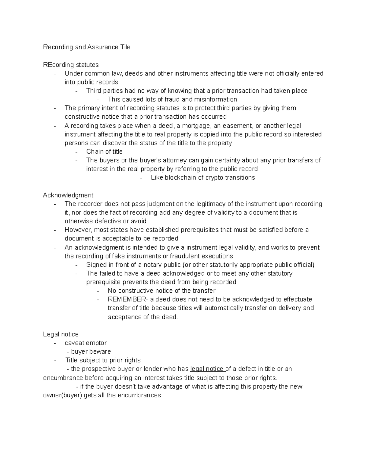 Res3000 11 22 notes Recording and Assurance Tile REcording statutes