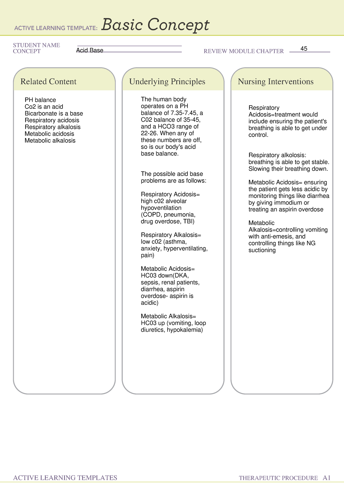 Basic Concept form Acid base - NUR20252 - STUDENT NAME CONCEPT REVIEW ...