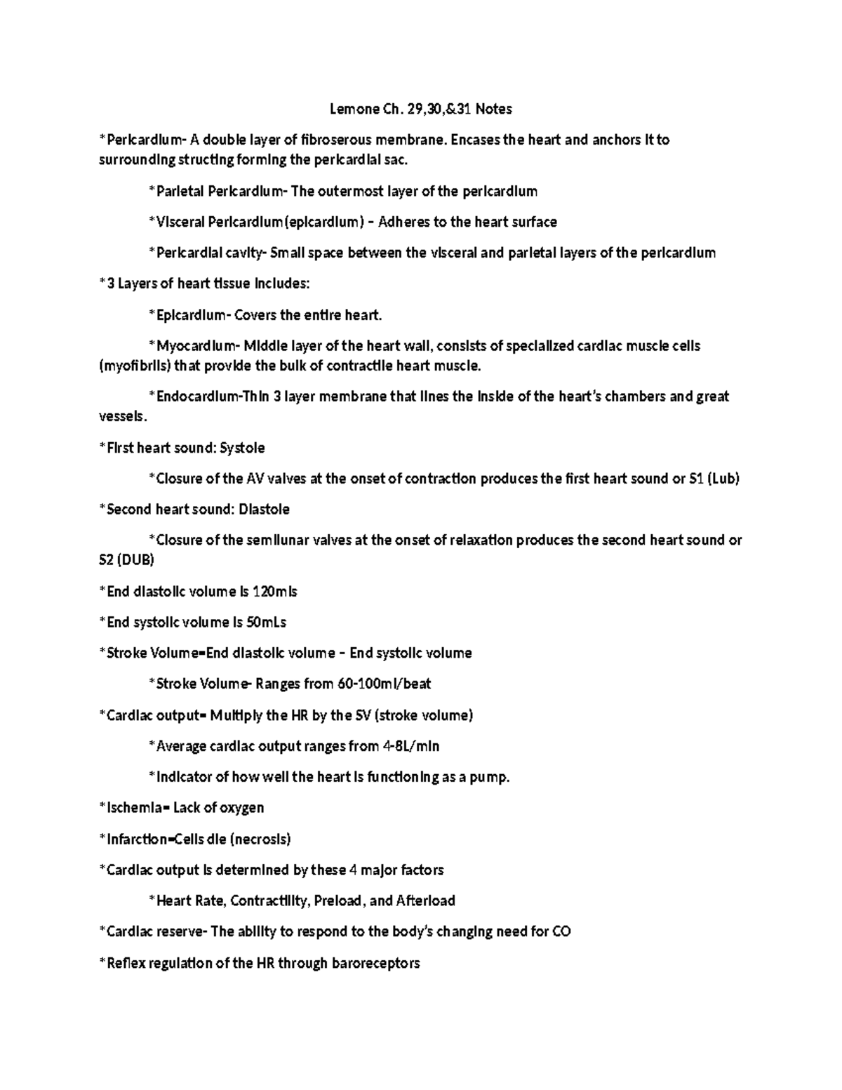 Lemone Ch 29,30,31 Notes - Lemone Ch. 29,30,&31 Notes *Pericardium- A ...