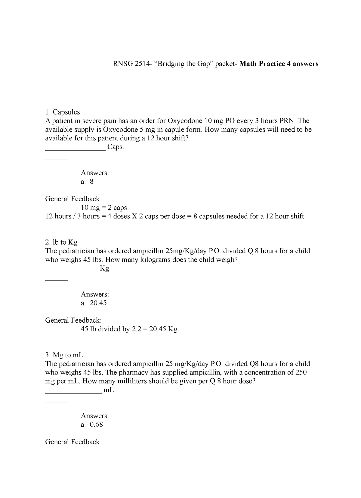 Bridging The Gap Packet- Math Practice 4 Answers 1 - RNSG 2514 ...