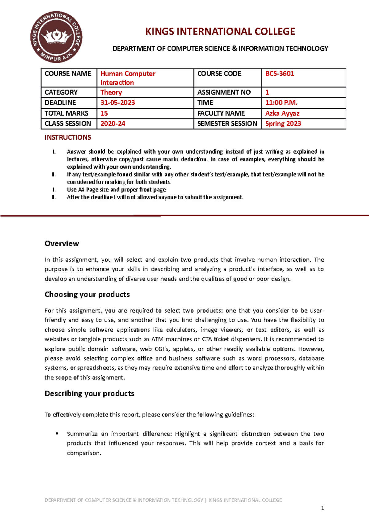 Assignment 1 - COURSE NAME Human Computer Interaction COURSE CODE BCS ...