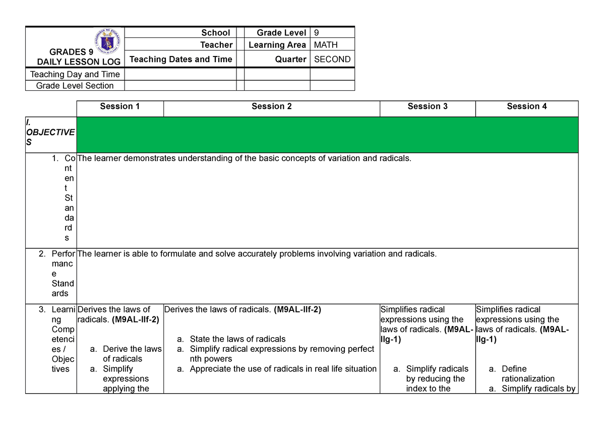 Week 6 - DLL - GRADES 9 DAILY LESSON LOG School Grade Level 9 Teacher ...