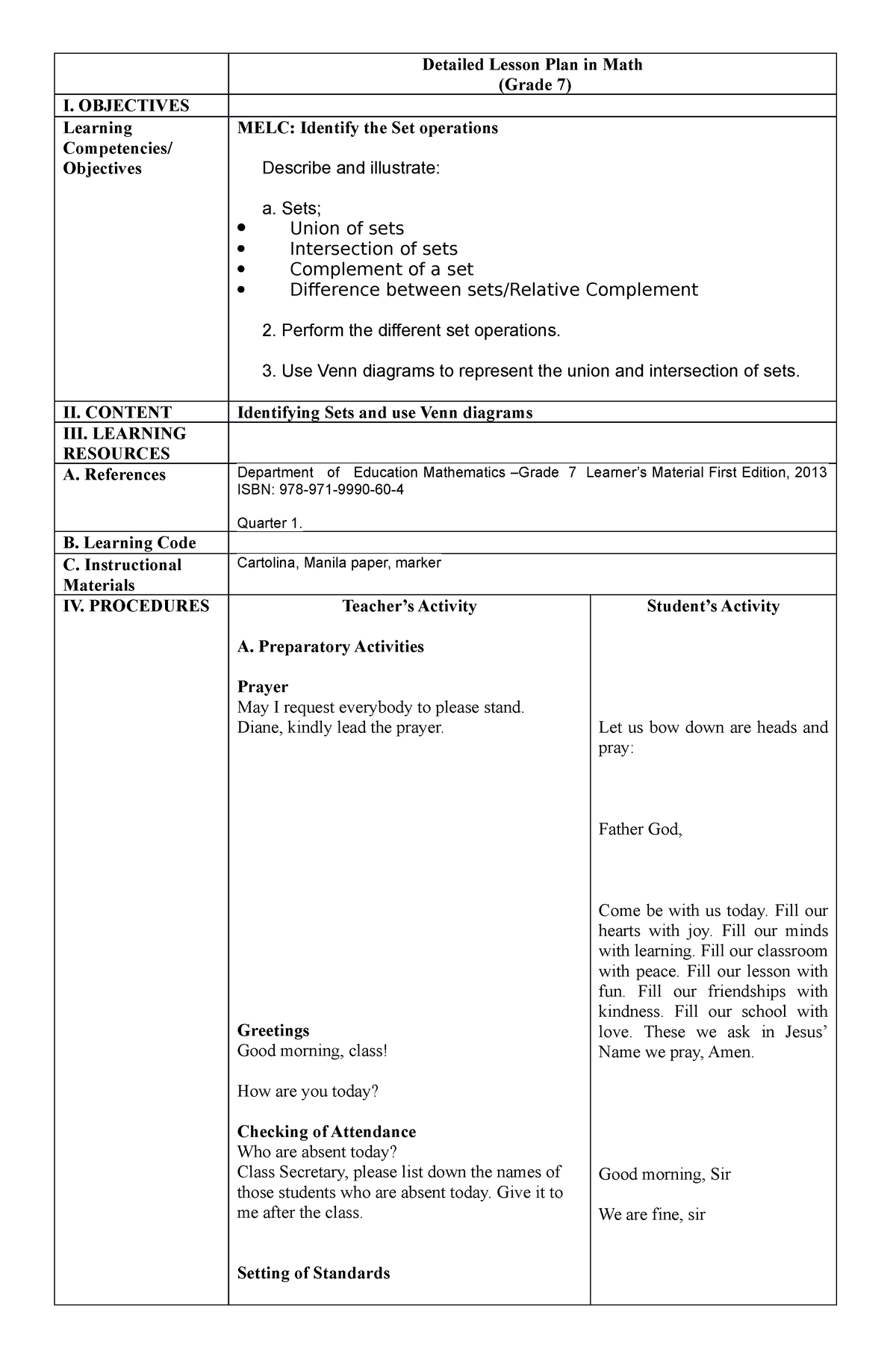 Grade 7 Lesson Plan Detailed Lesson Plan In Math Grade 7 I 