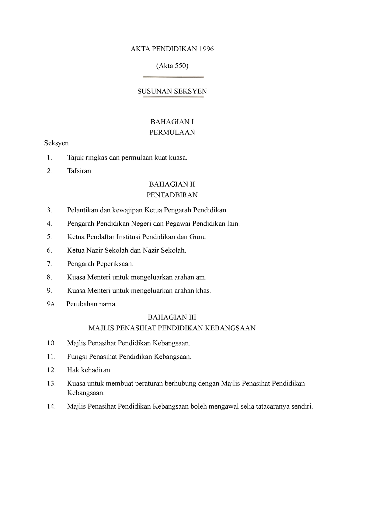 Ringkasan Akta 1996 For Input Akta Pendidikan 1996 Akta 550 Susunan Seksyen Bahagian I 7122