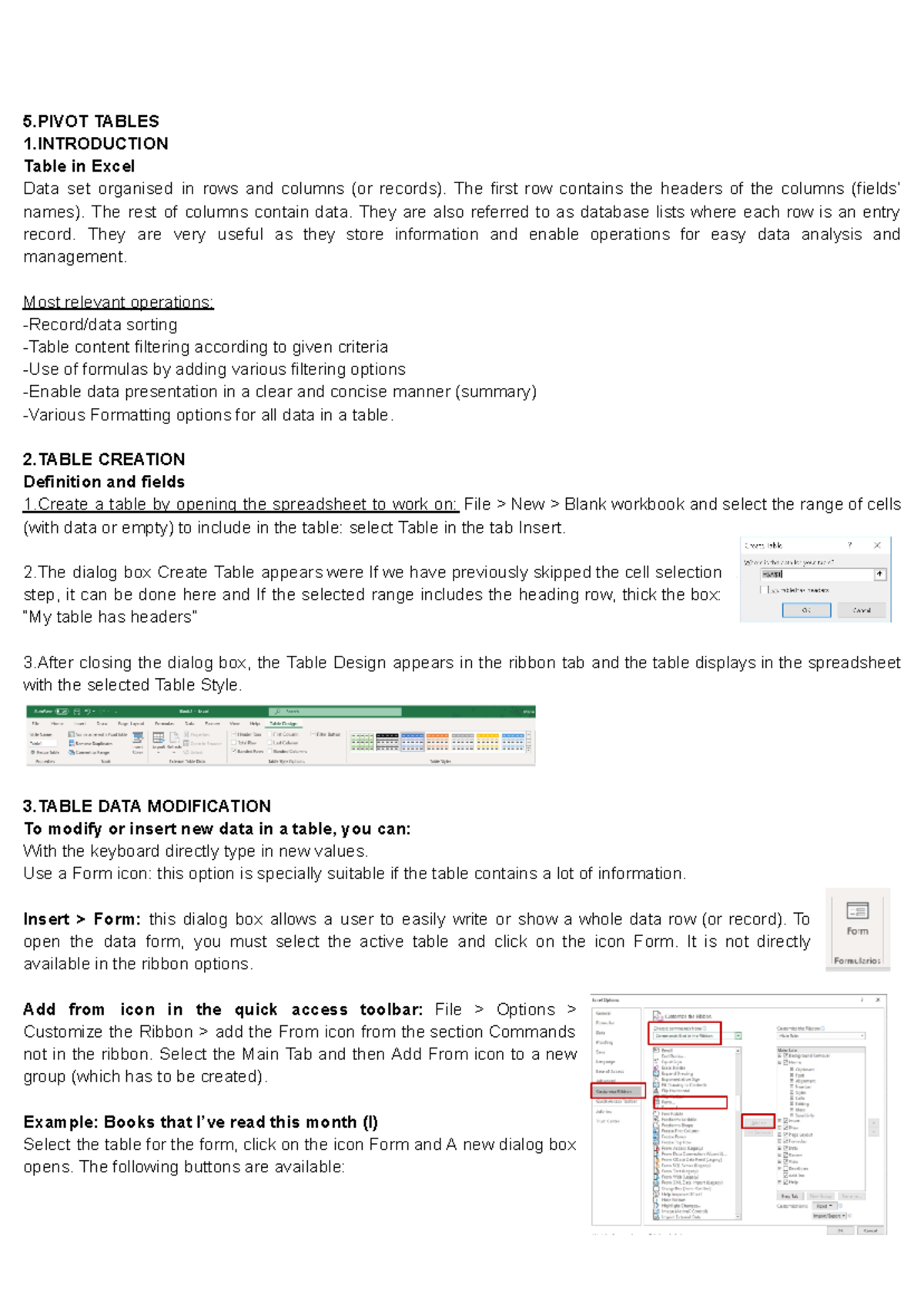 Spreadsheeds apuntes - 5 TABLES 1 Table in Excel Data set organised in ...