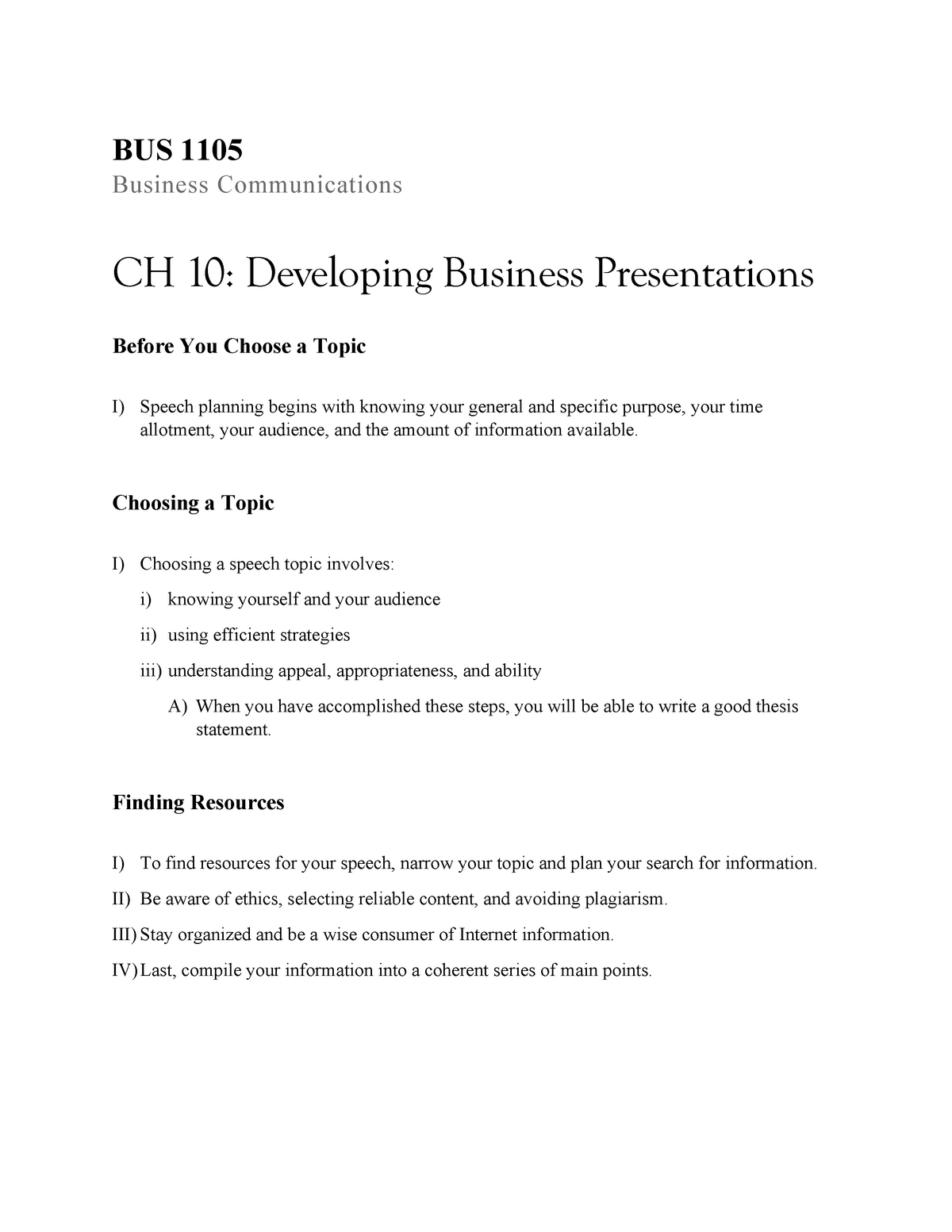 CH 10 - Lecture Notes 10 - BUS 1105 Business Communications CH 10 ...