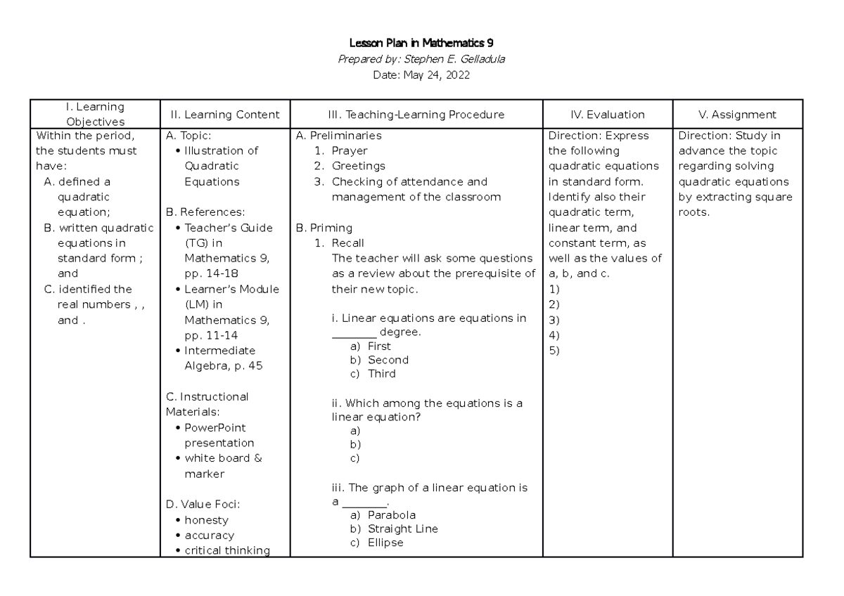 Lesson Plan For Demo (Westbridge) - Illustrating Quadratic Equations ...