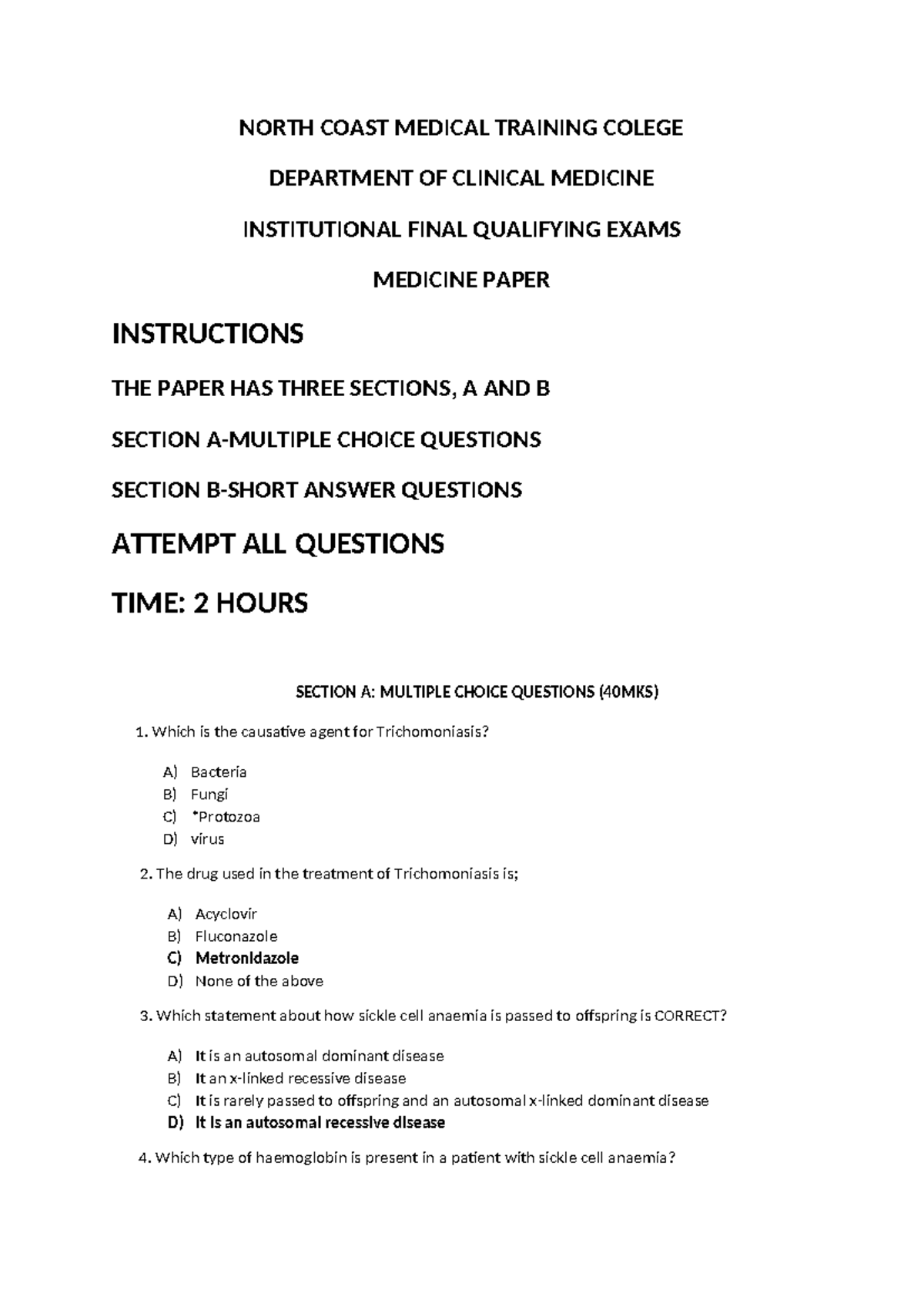 MCQ Questions Medicine NORTH COAST MEDICAL TRAINING COLEGE