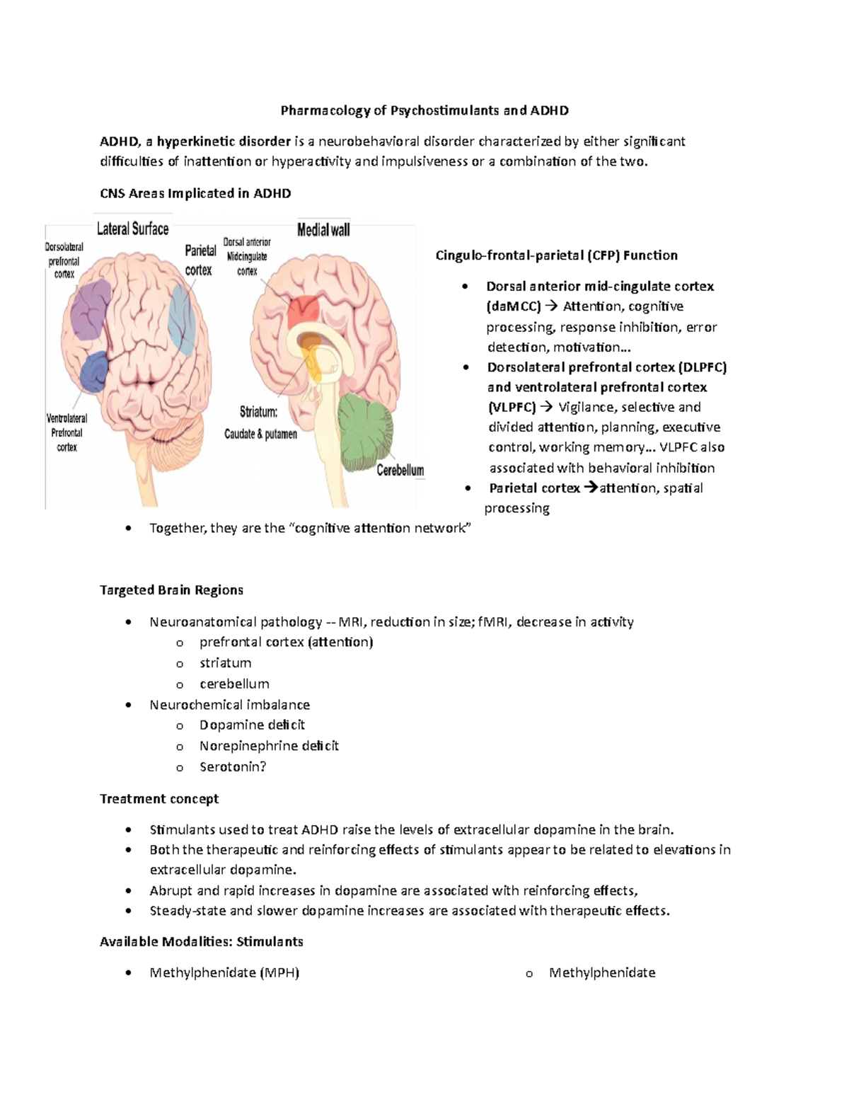 Pharmacology of Psychostimulants and ADHD - CNS Areas Implicated in ...