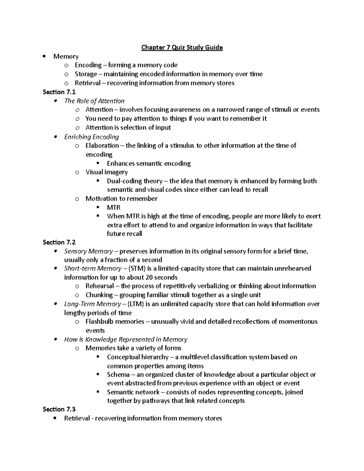 Chapter 7 Quiz Study Guide - Chapter 7 Quiz Study Guide Memory o ...