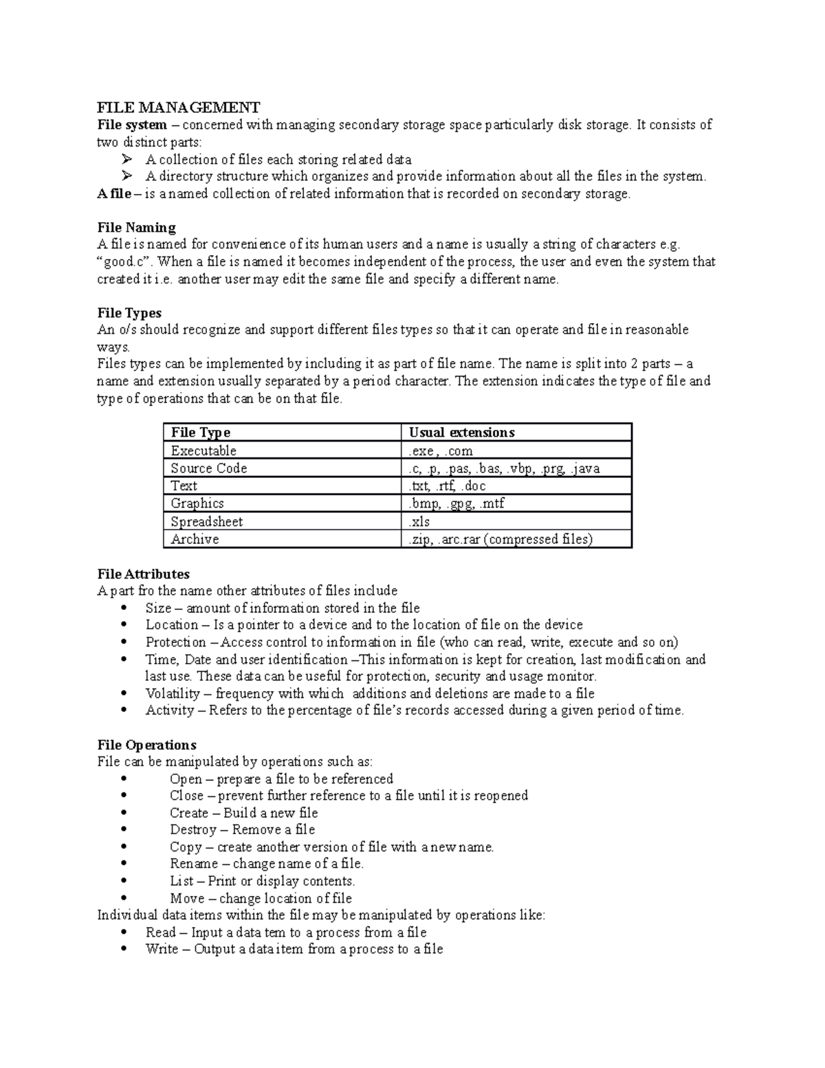 FILE Management - OS lecturer's note for first year class. This ...