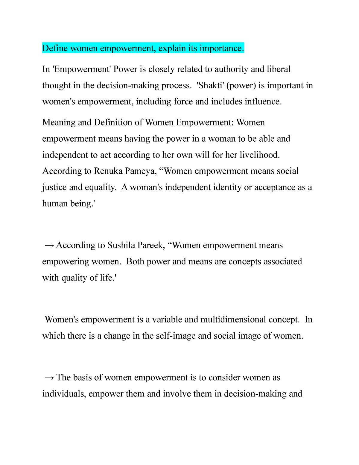 Define women empowerment, explain its importance - In 'Empowerment ...