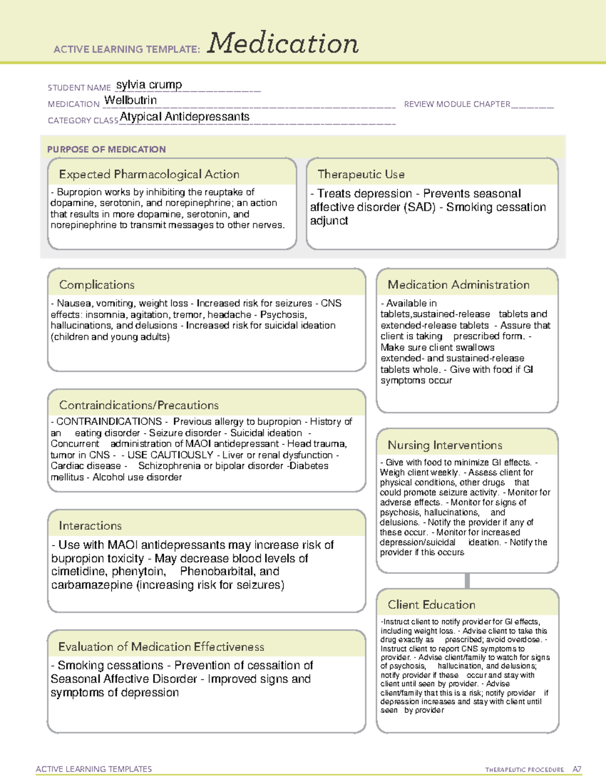 Wellbutrin meds - assignment - ACTIVE LEARNING TEMPLATES TherapeuTic ...