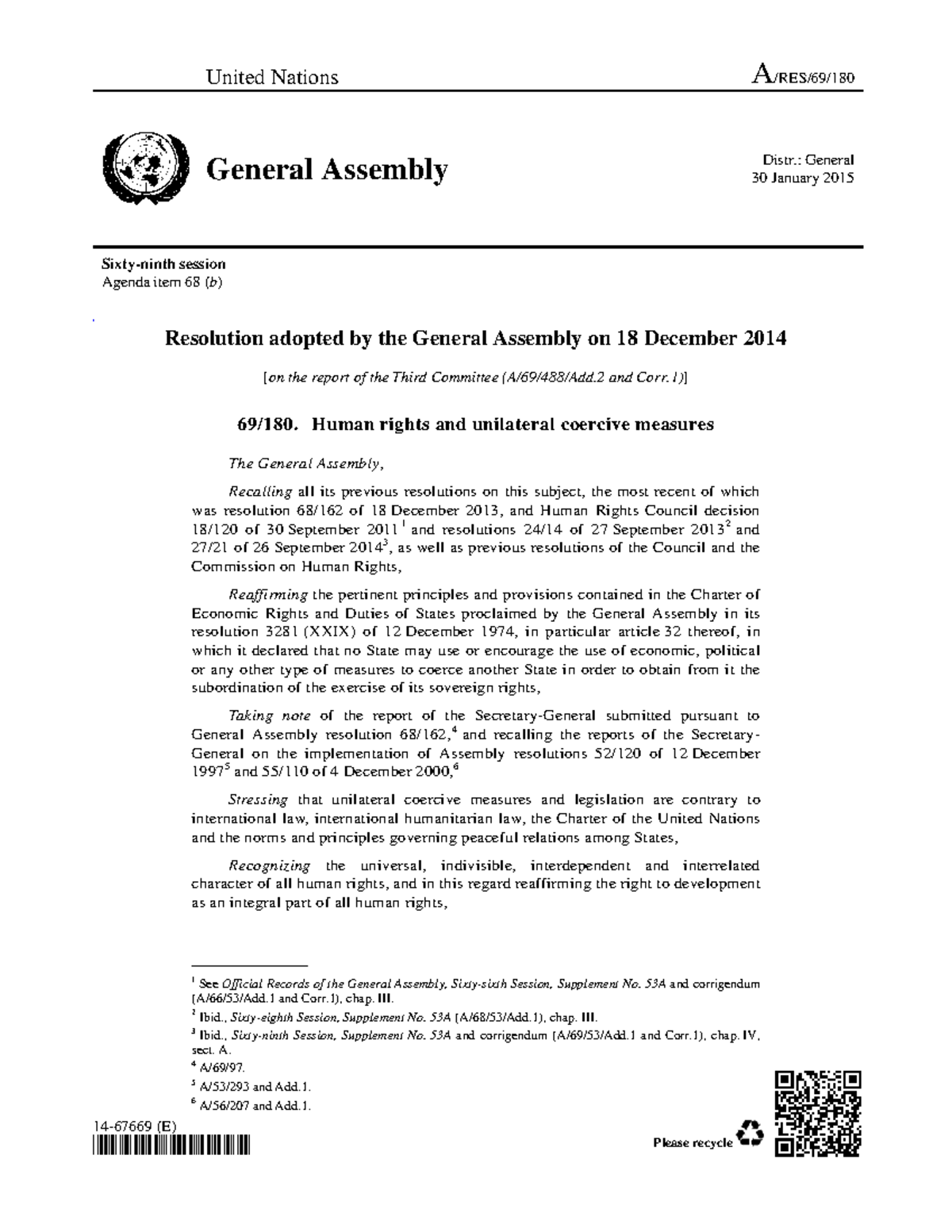 Human rights and unilateral coercive measures United Nations A/RES/69