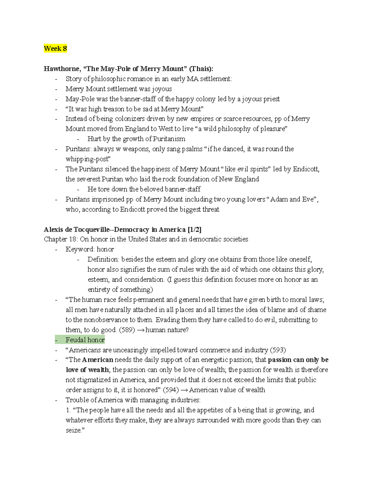Summaries of Important Docs and Readings - Week 8 Hawthorne,