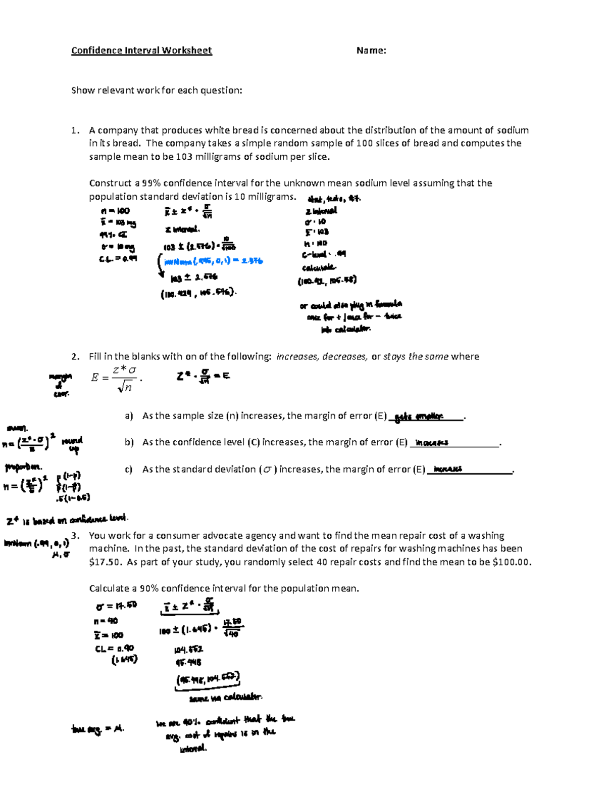 Statistics Confidence Interval Worksheet - Confidence Interval ...