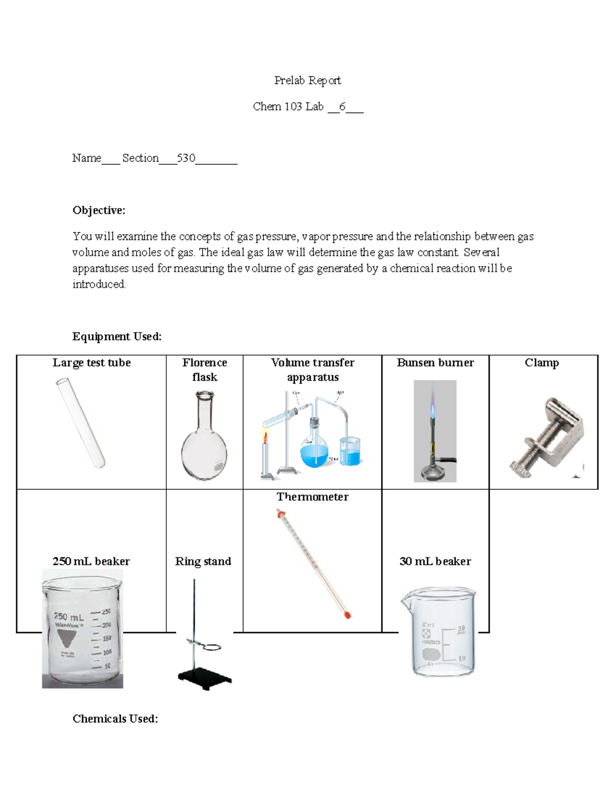 Prelab Report 6 - Lecture notes 6 - Prelab Report Chem 103 Lab 6_ Name ...