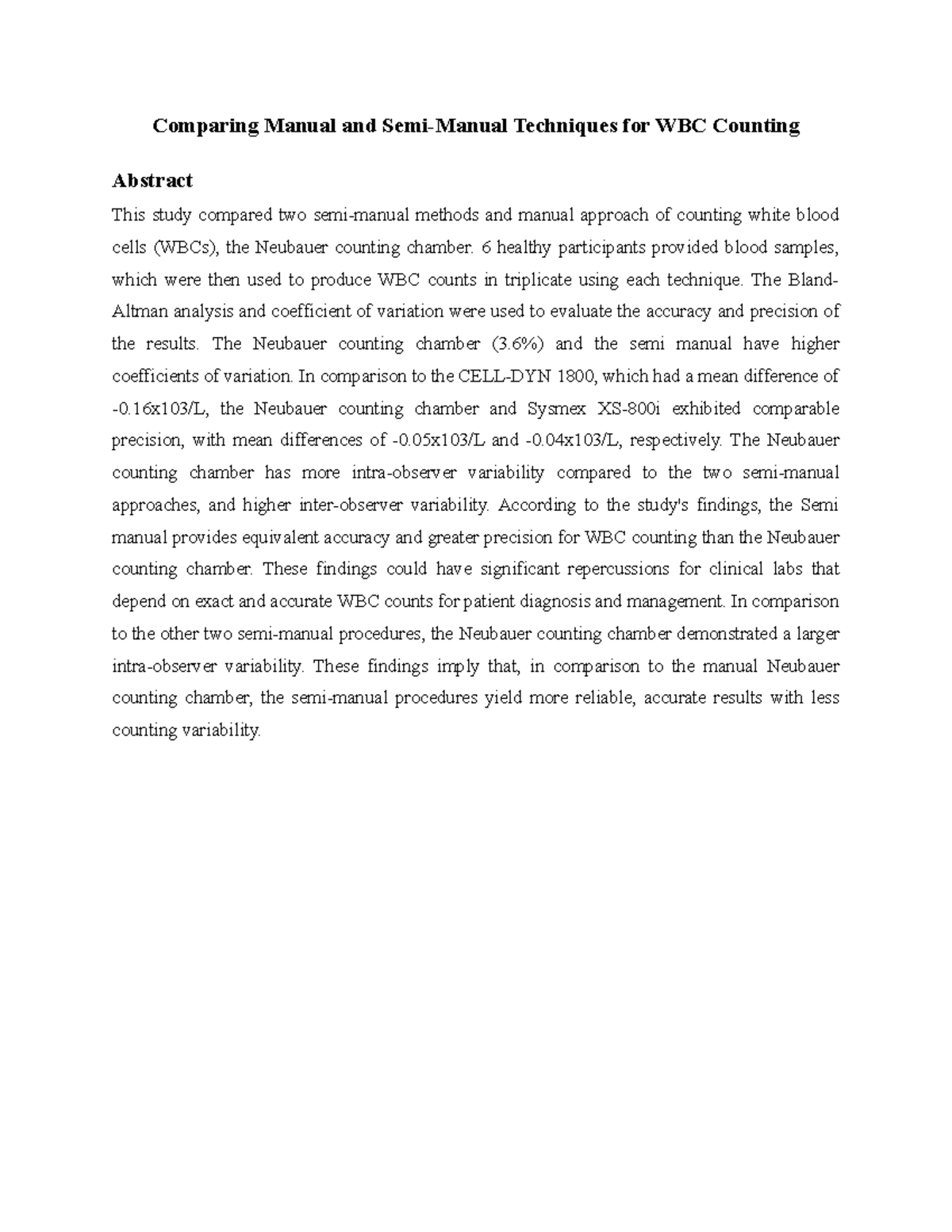Lab protocol Comparing manual and semi manual techniques for WBC