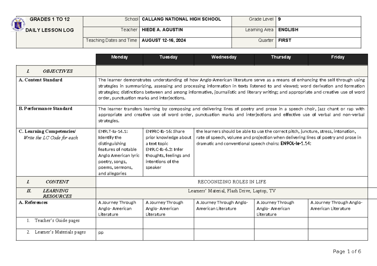 WEEK 3 DLL English 9- Quarter 1 2024-2025 - GRADES 1 TO 12 DAILY LESSON ...