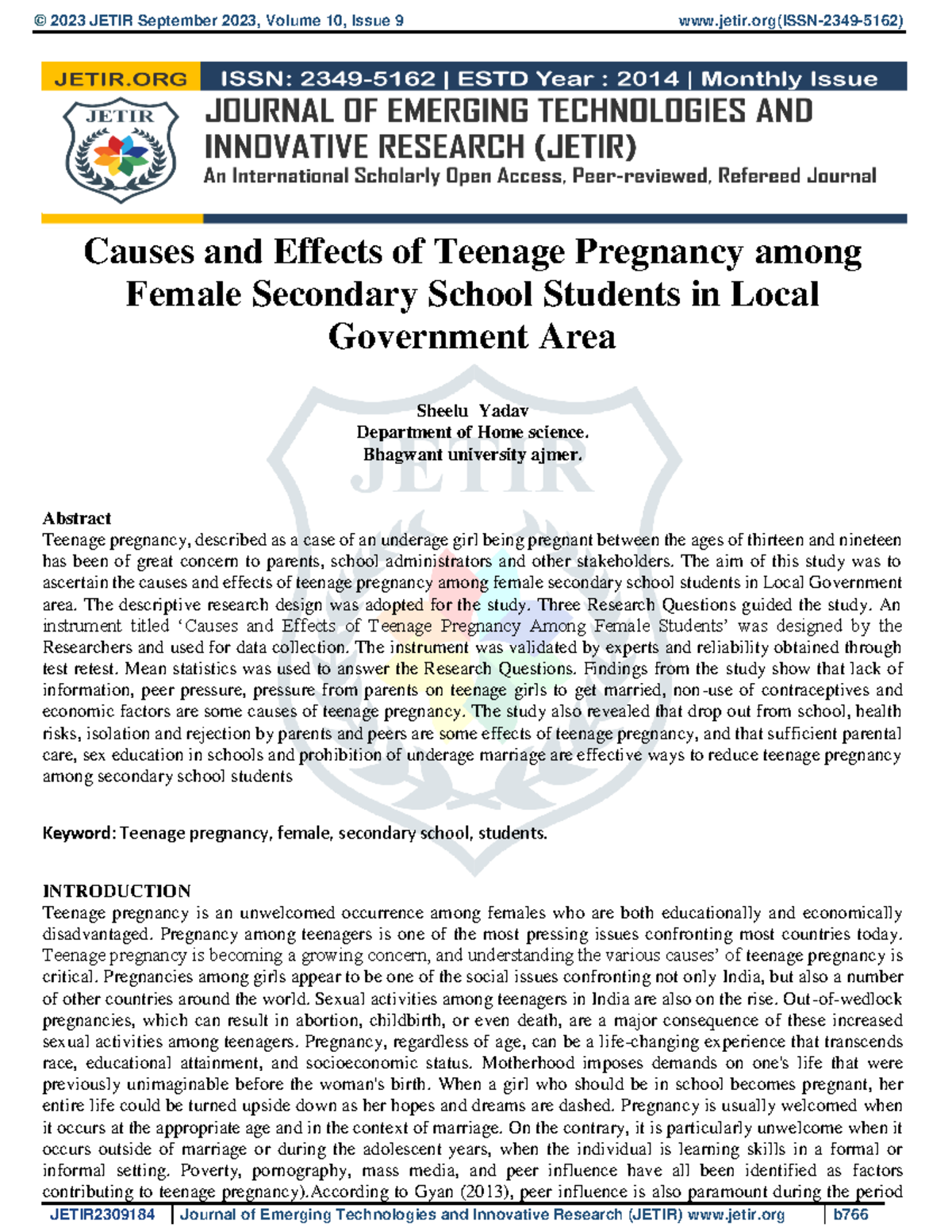 Jetir 2309184 - Advantage - Causes and Effects of Teenage Pregnancy ...