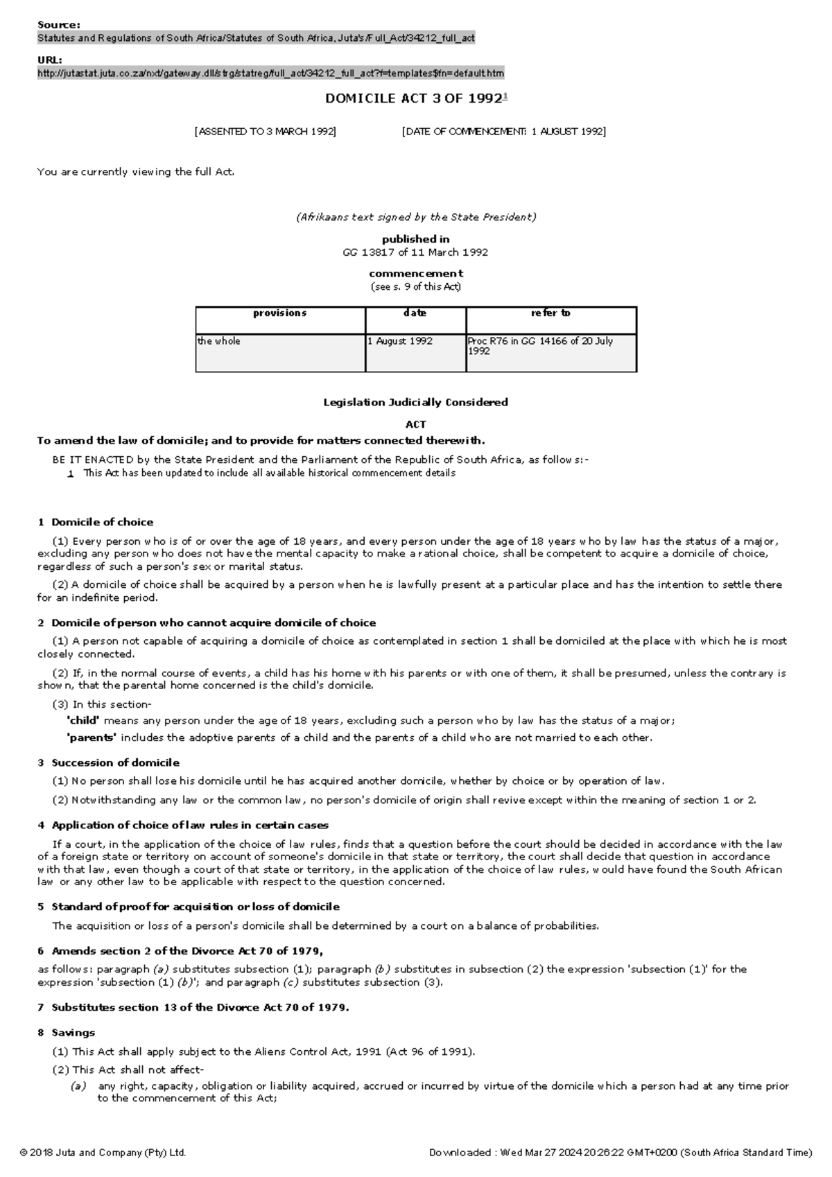 Domicile ACT 3 OF 1992 Acts Source Statutes and Regulations of