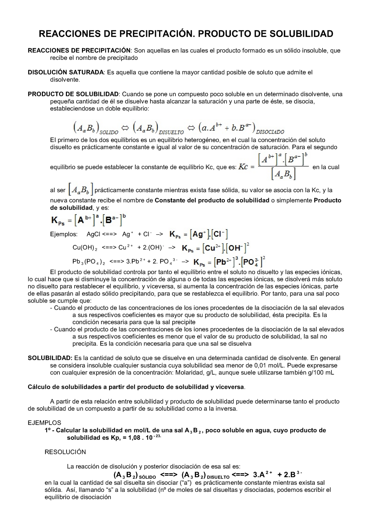 Teoria Reacciones DE Precipitacion - REACCIONES DE PRECIPITACIÓN. PRODUCTO DE SOLUBILIDAD ...