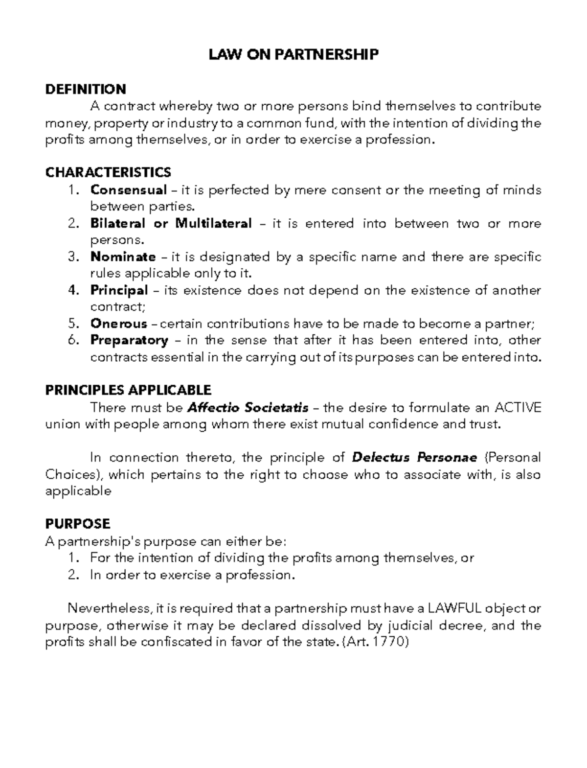 LAW ON Partnership Notes - LAW ON PARTNERSHIP DEFINITION A Contract ...