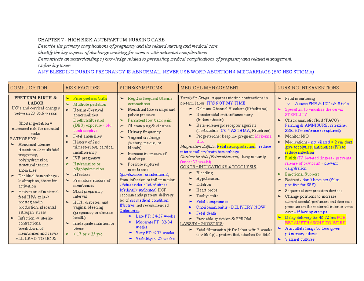 Week 5 OB Bible - NOT APPLICABLE - CHAPTER 7 - HIGH RISK ANTEPARTUM ...