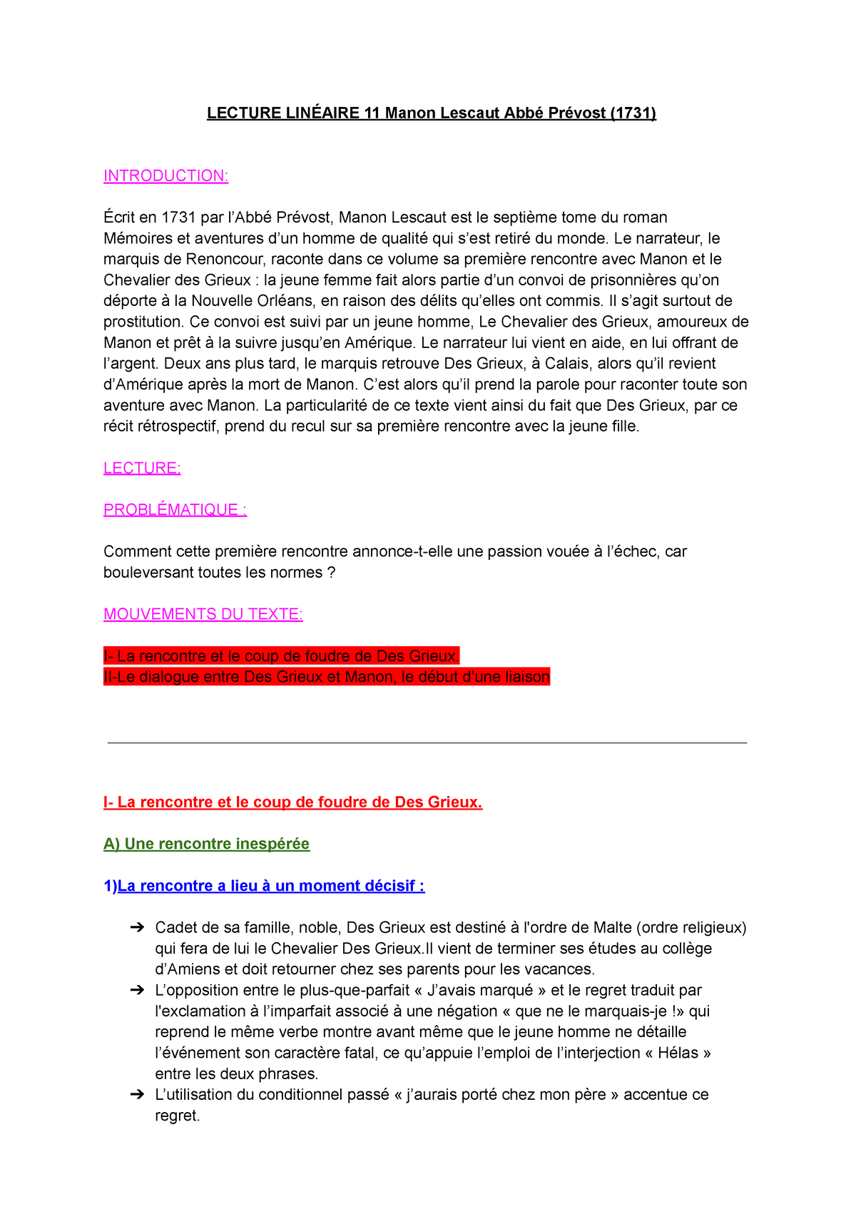Abbé Prevost, Manon Lescaut - LECTURE LINÉAIRE 11 Manon Lescaut Abbé ...