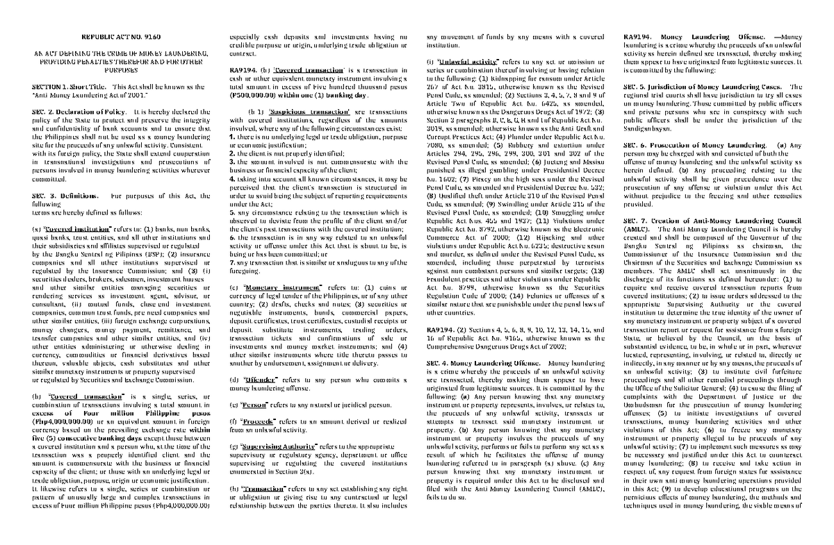 Anti Money Laundering Act Gegegsgsyebdbfhfc - REPUBLIC ACT NO. 9160 AN ...