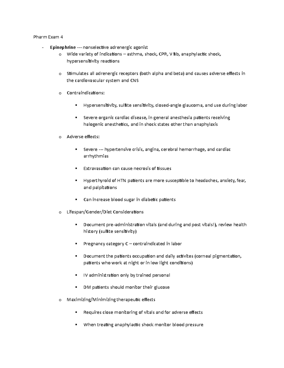 Pharm Exam 4 Study Guide (Auto Recovered) - Pharm Exam 4 - Epinephrine ...