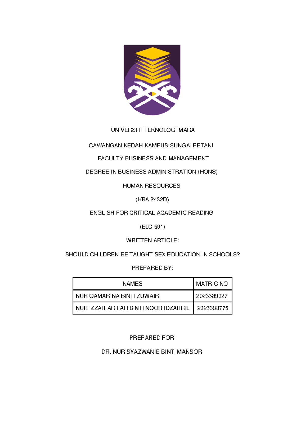 ELC Written Article Analysis PAIR WORK - UNIVERSITI TEKNOLOGI MARA ...