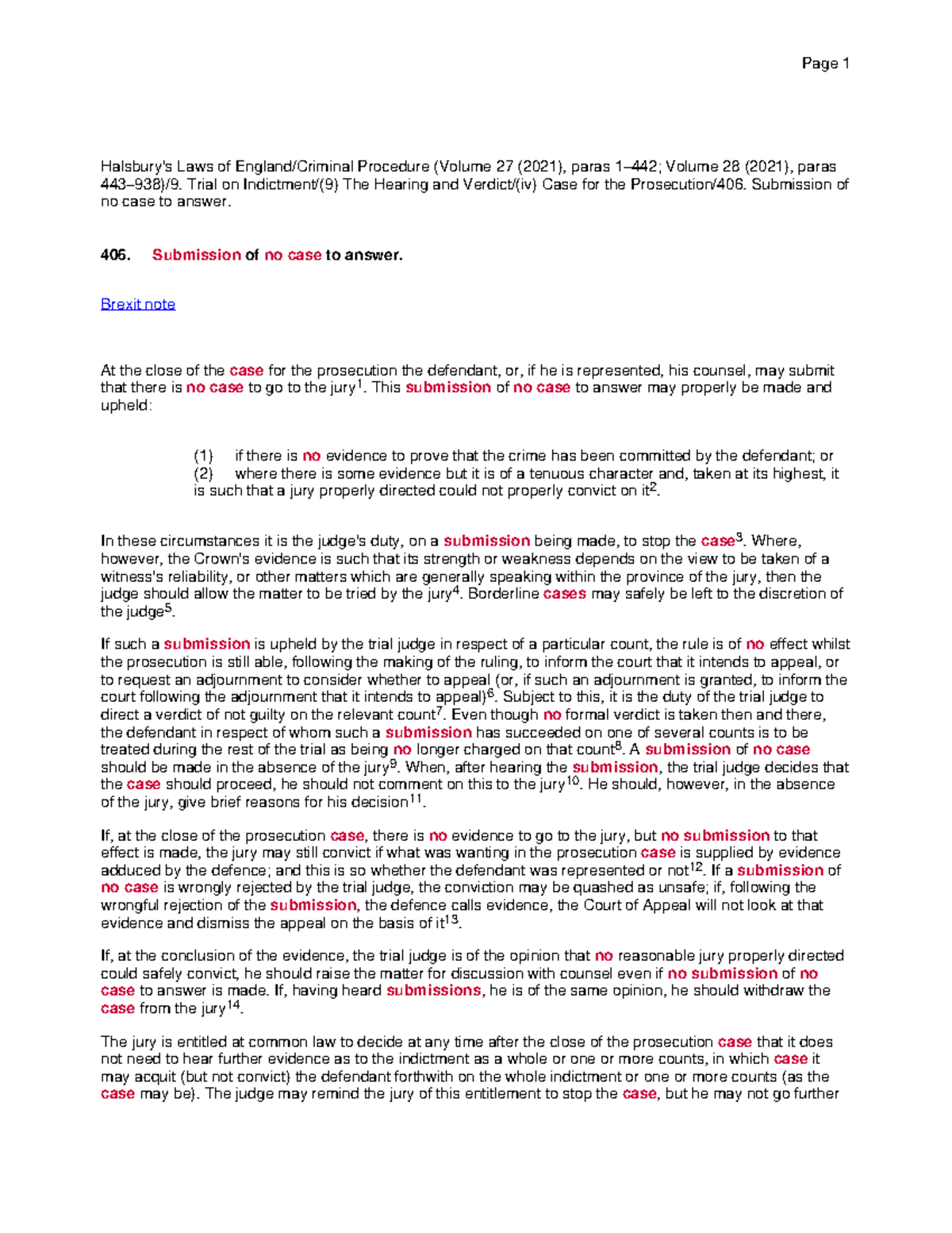 406. Submission of no case to answer Halsbury's Laws of England/Criminal Procedure (Volume 27